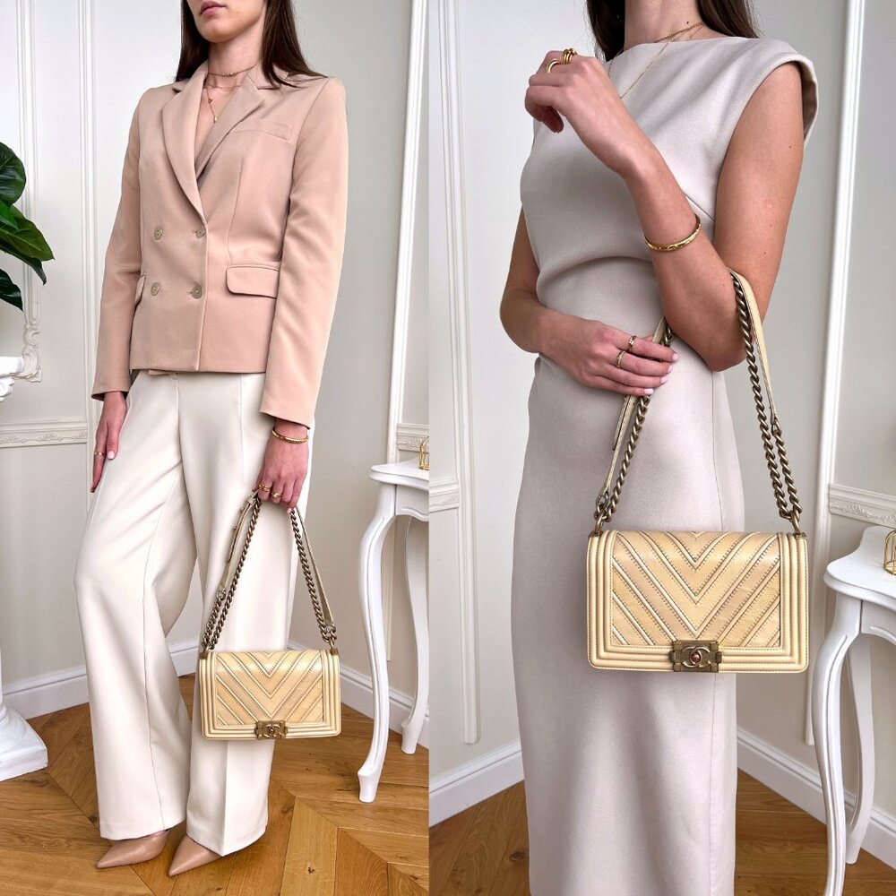 Authentic Chanel Boy Old Chevron Lambskin Crossbody Beige Bag 16387207 B0851